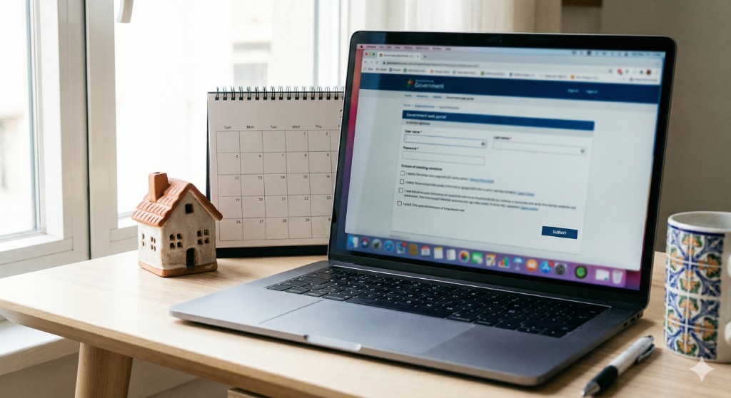 Mesa de trabalho com portátil, formulário de serviço online desfocado, miniatura de casa, calendário e caneca: pedido digital e prazos no âmbito do direito legal de preferência na venda de imóvel em Portugal