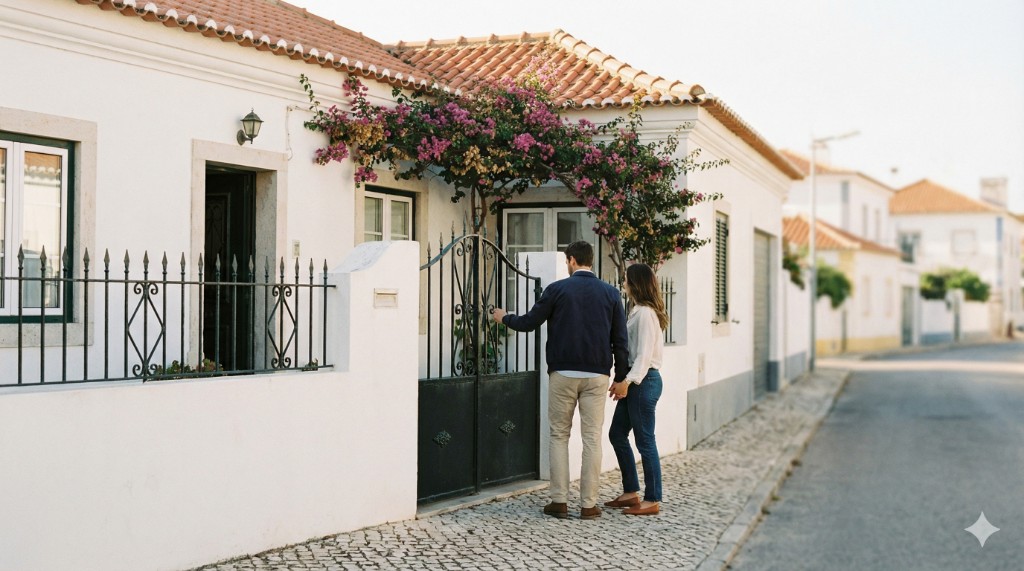 Casal à entrada de uma moradia tradicional com portão de ferro e rua em calçada: visita para ver casa à venda em Portugal